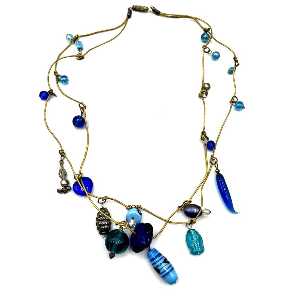 Vintage Blue Art Glass Dangle Beads Beaded Multi Strand Cord Necklace 20"